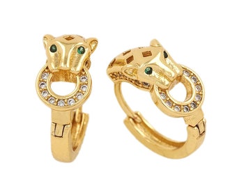 Fashion Animal Gold Earrings, Jewelry Charm, Micropavé CZ Leopard Head Stud Earrings New, 18K Gold Animal Earrings