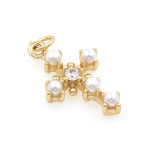 18K Gold Plated Pearl Cross Pendant, Micropavé CZ Cross Charm, Jesus Charm, Christian Jewelry, Holiday Gifts, DIY Jewelry Supplies