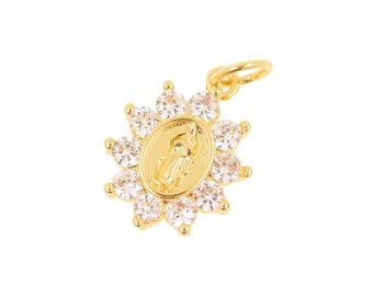 Faith Inspired 18K Gold Filled Mary Charm with Sparkling Zircon Halo for Necklace and Bracelet Design 11.5x15mm
