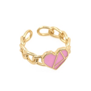 Fashion 18K Gold Plated Pink Enamel Heart Rings, Adjustable Rings, Panel Heart Rings, Girly Jewelry, Link Open Geometric Heart Rings