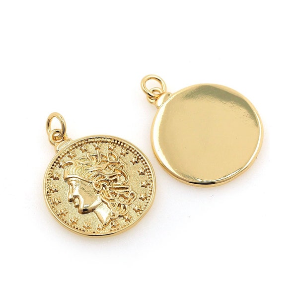 18K Gold Filled Medusa Pendant, Round Coin Pendant, Snake Jewelry, Medusa Necklace, Snake Pendant, DIY Jewelry Supplies, 24.5x18x2mm