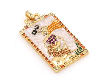 18K Gold Filled Force Tarot Pendant, Micropavé CZ Enamel Tarot Necklace, Force Tarot Jewelry, DIY Jewelry Supplies,  51x26x2.5mm