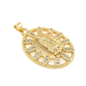 Our Lady of Guadalupe Pendant, 18K Gold Filled Oval Religious Jewelry, Virgin Mary Catholic Charm, Micropavé CZ Pendant, 23.5x33.5mm