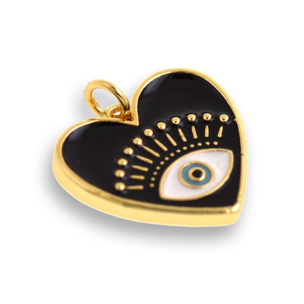 18K Gold Filled Evil Eye Heart Pendant, Enamel Eye Pendant, Heart Pendant, Evil Eye Heart Jewelry, DIY Jewelry Supplies, 19.5x18.5mm