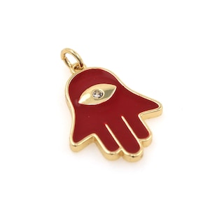 18K Gold Filled Enamel Evil Eye Hand Pendant, Hamsa Charm, Hamsa Gesture Necklace, DIY Jewelry Supplies, 27x18x2mm