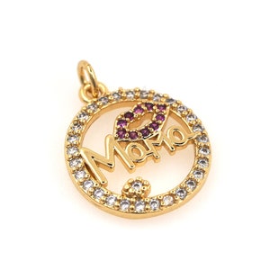 Pingente redondo micropavé CZ, pingente de lábio vermelho, colar com letras preenchidas em ouro 18K, presente para mãe, suprimentos de joias DIY, 20x14x2,5mm