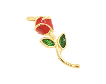 Romantic Rose Charm with Red Enamel Flower and Curved Stem for Necklace Bracelet and Feminine Jewelry Making Projects 19x24mm