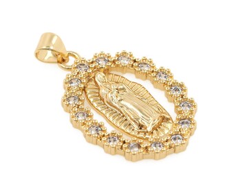 18K Gold Oval Openwork Religious Pendant, Micropavé CZ Virgin Mary Necklace Charm, Catholic Pendant, Jewelry DIY Supplies,20x28.5mm