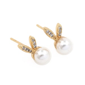 Cute Bunny Zircon Earrings, Rabbit Pearl Stud Earrings, Girls Jewelry, Fashion Delicate Earrings, 18K Gold