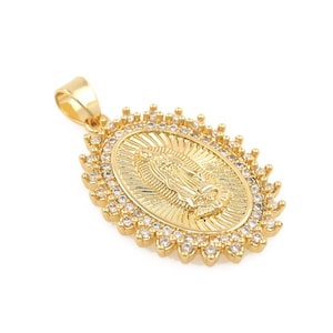 Micropavé CZ Oval Medal Pendant, 18K Gold Filled Religious Jewelry Charm, Virgin Mary Charm, Prayer Charm, DIY Jewelry Supplies, 33x23.5mm