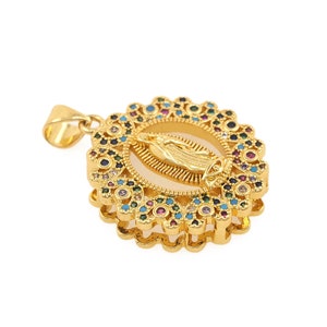 Heart Inlaid Colorful CZ Openwork Pendant,18K Gold Plated Round Virgin Mary Pendant,Religious Jewelry Accessories,Catholic Pendant,21x24.5mm