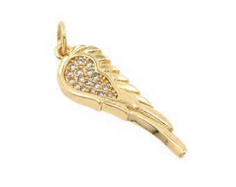 18K Gold Filled Angel Wings Pendant, Micropavé CZ Wings Necklace Charm, Flying Charm, Gift for Her, DIY Jewelry Supplies, 8x25.5mm
