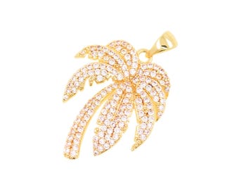 Tropical Palm Leaf 18K Gold Filled Pendant with Pave Zircon Details for Statement Necklace Jewelry 21x26.5mm