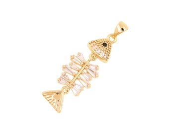 Ocean Fishbone 18K Gold Filled Pendant with Geometric Zircon Skeleton and Movable Tail for Necklaces 32x12mm