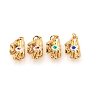 18K Gold Filled Hamsa Gesture Pendant, Gesture Charm, Enamel Evil Eye Pendant, Eye Necklace, OK Gesture, DIY Jewelry Supplies, 22x9x7mm