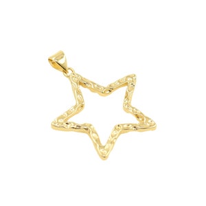 May include: A gold-toned star-shaped pendant with a textured surface. The pendant is designed as an open outline of a five-pointed star.