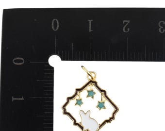 Gold Frame Rabbit And Stars Pendant – Enamel Bunny Charm With Blue Hanging Stars For DIY Jewelry,16.4x18.6mm