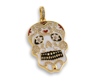 18K Gold Filled Skull Pendant, Micropavé CZ Enamel Skull Necklace, Skull Charm, Skull Jewelry, DIY Jewelry Supplies, 24x45mm