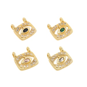 May include: Four gold-toned pendants with a square shape and an evil eye design. Each pendant features a different colored gemstone in the center of the eye: black, green, pink, and clear.