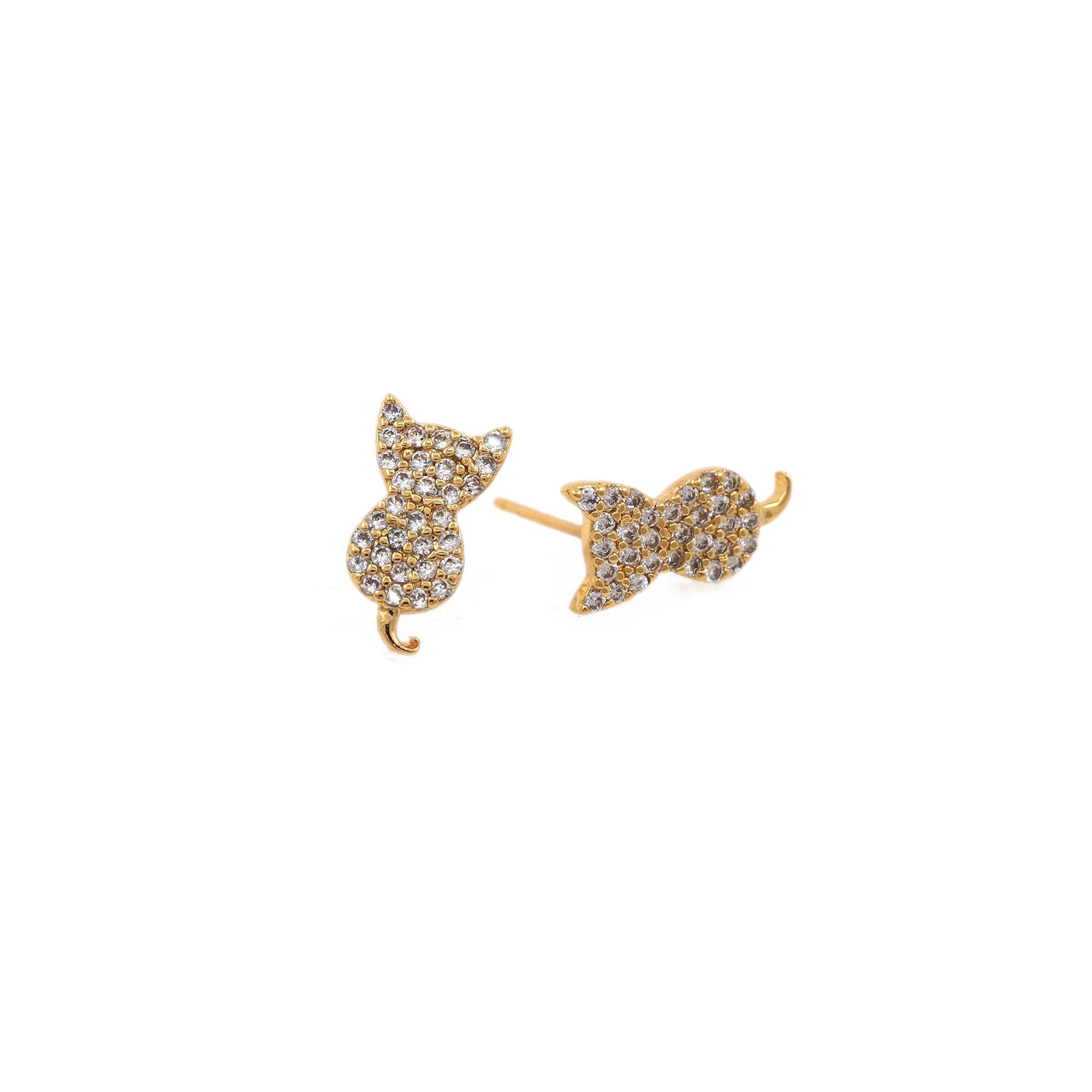 Cute Cat Stud Earrings, Micropavé CZ Animal Earrings, 18K Gold Pierced ...