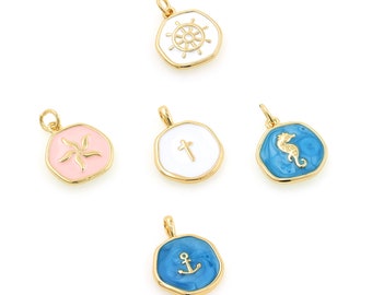 18K Gold Filled Round Enamel Pendant, Flower Charm, Cross Charm, Seahorse Charm, Enamel Necklace, DIY Jewelry Supplies