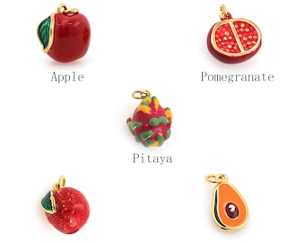 Colgante de fruta de esmalte relleno de oro de 18 quilates, manzana, granada, fruta del dragón, higo, aguacate, amuleto de fruta linda, suministros de joyería de bricolaje
