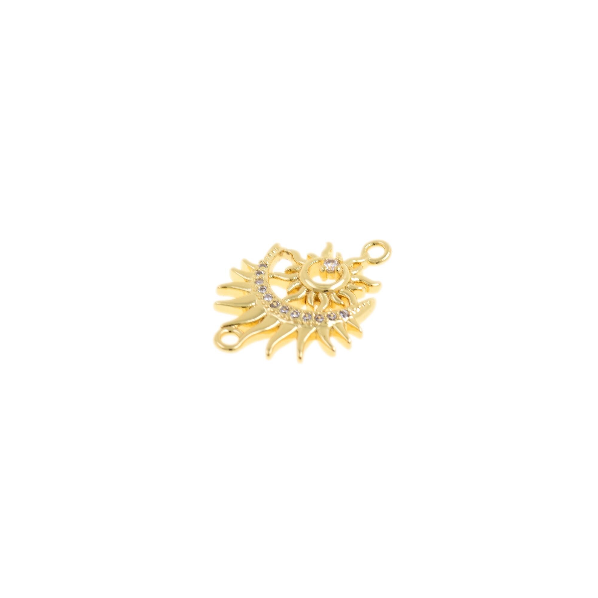 Luminous Sun Gold Pendant with Dazzling CZ Stones - Solar Charm for Custom Beaded Necklaces,15.3x21.1mm