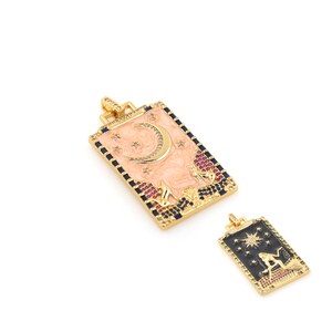 18K Gold Filled Enamel Tarot Pendant, Micropavé CZ Moon Tarot, Star Tarot, Tarot Necklace, DIY Jewelry Supplies, 51x26x2.5mm