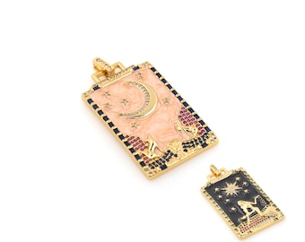 18K Gold Filled Enamel Tarot Pendant, Micropavé CZ Moon Tarot, Star Tarot, Tarot Necklace, DIY Jewelry Supplies, 51x26x2.5mm
