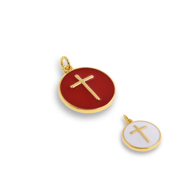 18K Gold Filled Round Enamel Cross Pendant, Cross Charm, Jesus Charm, Religious Pendant, Christian, DIY Jewelry Supplies, 15mm