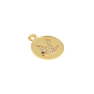 Freedom-Themed Gold Medallion Charm Featuring Pave Crystal Bird And Blue Eye Detail For DIY Necklace Projects,19.5mm