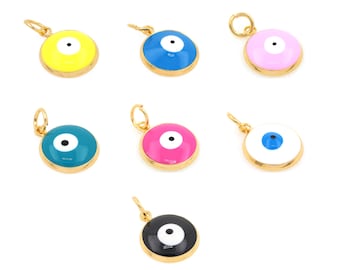 18K Gold Round Enamel Evil Eye Pendant, Colorful Enamel Evil Eye Necklace Charm, Mini Evil Eye Charm,For Jewelry Making