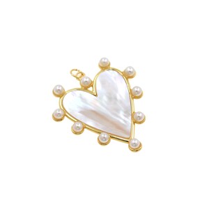 May include: A heart-shaped pendant with a gold-coloured frame and a pearlescent centre. Small, round pearls are evenly spaced around the heart's edge. The pendant has a small loop at the top for a chain.