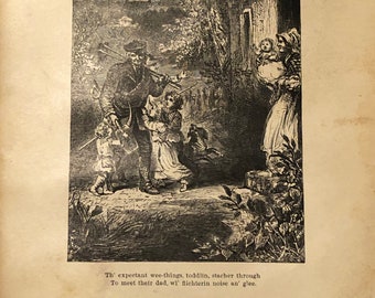 Antike 1872 Buchdruck Radierung ~ Cotter's Samstag Nacht ~ "Wee Things Greet Dad"