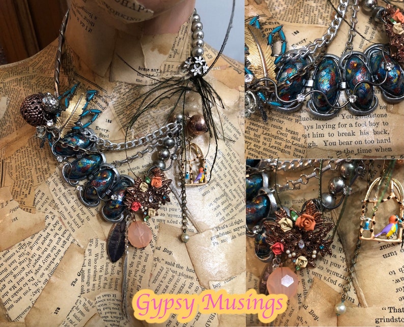 Unique Wearable Art Mixed Materials Collage Statement Necklace Etsy