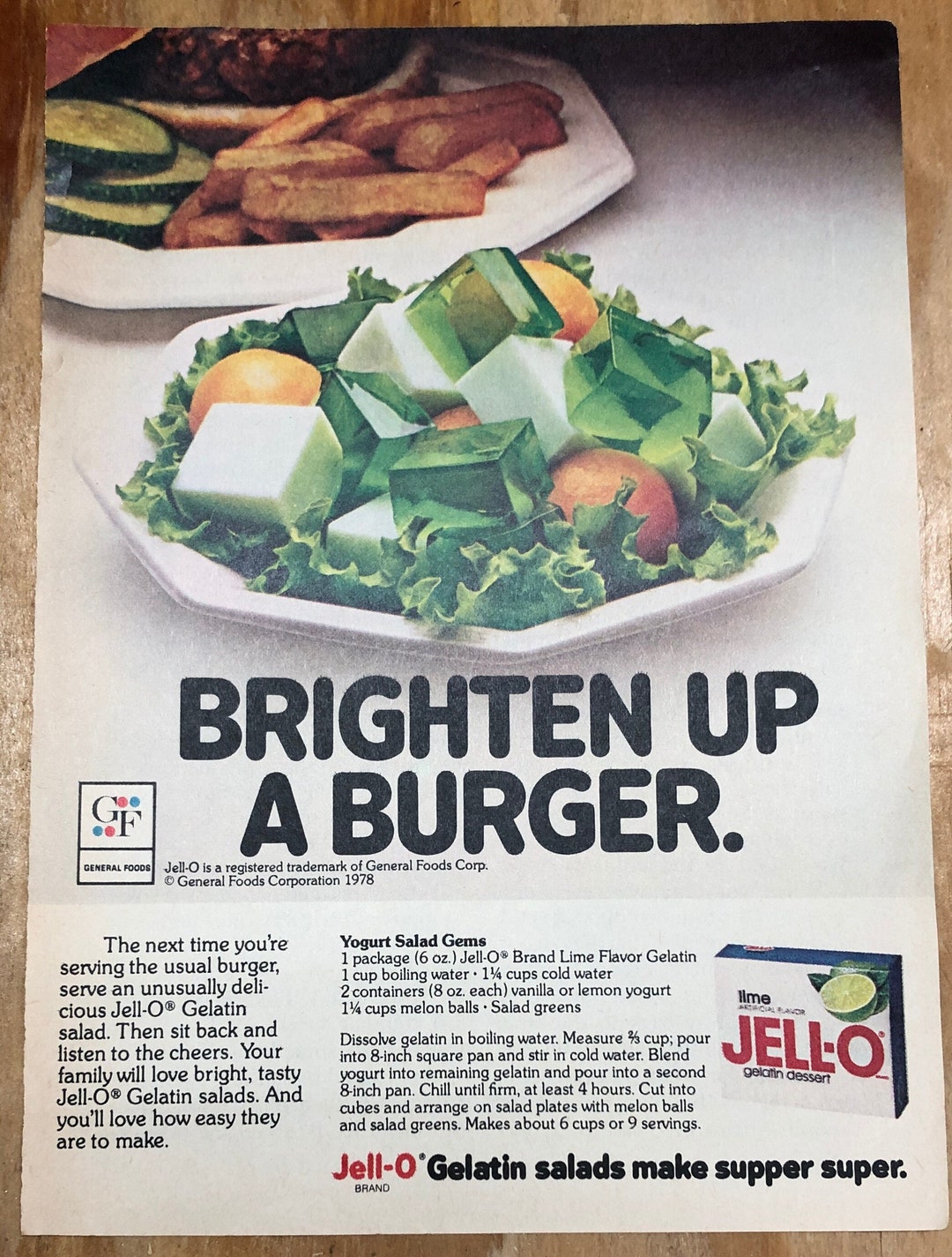 Vintage Feb.1979 JELLO Advert Yogurt Salad Gems Recipe Brighten up A