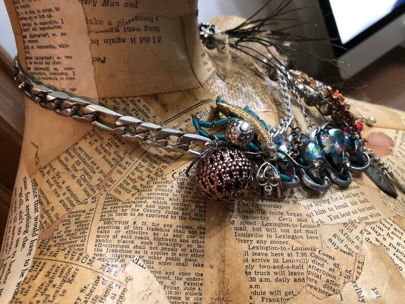 Unique Wearable Art Mixed Materials Collage Statement Necklace Etsy
