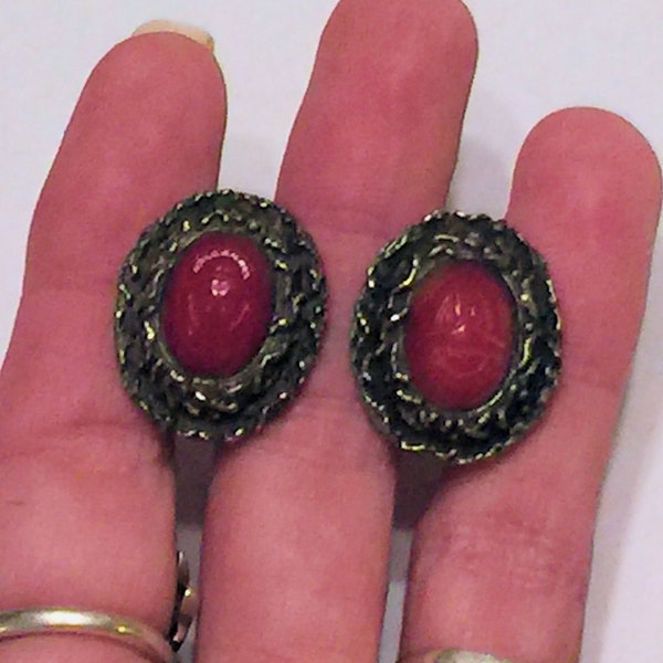 Vintage 1960s Clip On Earrings~ Dark Red Oval Scarab Beetle Cabochon in Fancy Antiqued Gold Tone Metal Frame Settings