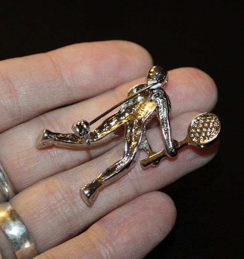 Vintage 1950s Art Deco Silver Tone Metal Figural Novelty Brooch Pin~Tennis Player