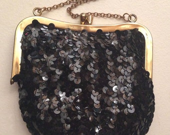Vintage 1950s/60s Small Black Sequined Clutch Evening Bag Coin Purse Handbag w/Chain Strap