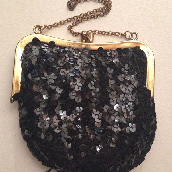 Vintage 1950s/60s Small Black Sequined Clutch Evening Bag Coin Purse Handbag w/Chain Strap