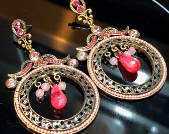 Vintage Massive Pierced Earrings~ Filligree Scroll Beaded Gold Tone & Pink Rhinestone Accented Dangle Hoop