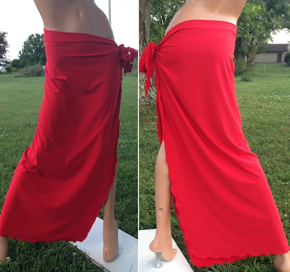 Red Poly Spanex Lycra Tie Side Long Sarong Beach Pool Wrap Around Skirt Sz  M 