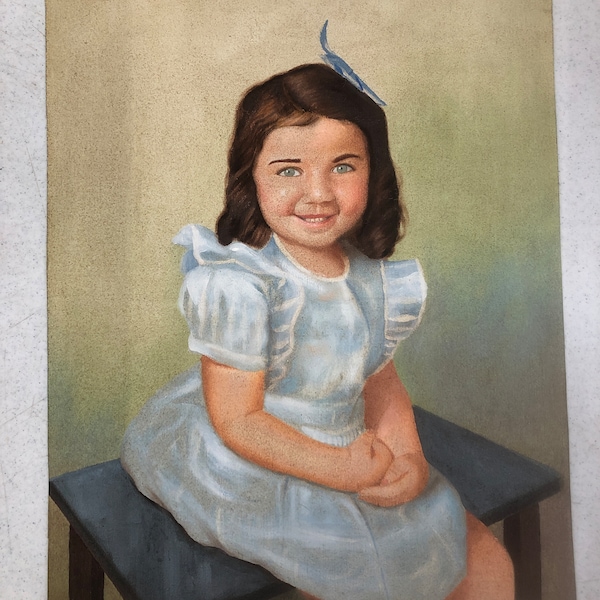 1950 Portrait original sur | Jeune enfant Fille Robe Bleue | Artiste inconnu | millésime