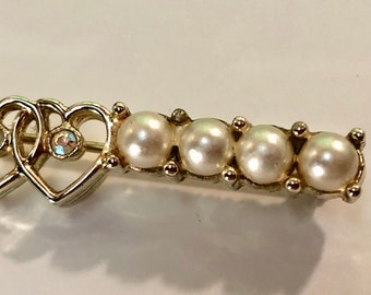 60s Bar Brooch Pin SARAH COVENTRY "Waltz Time" Faux Pearls Hearts AB Rhinestones | 2  3/8" | Vintage