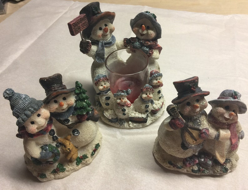 Set Of 3 Vintage 1990s Home Interiors Resin Snowmen Couples Carolling Christmas Figurines One W Votive Candle Holder