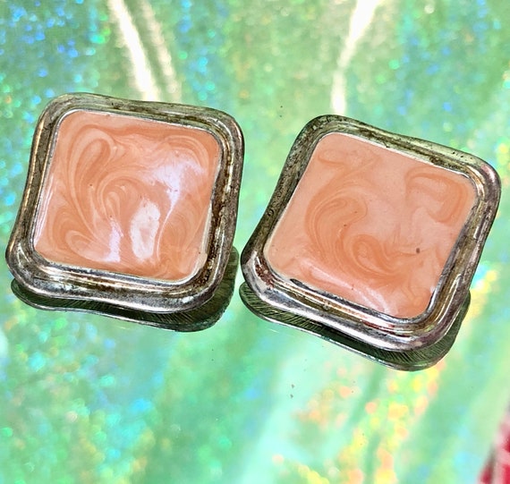 80s Chunky Clip On Earrings Apricot Swirl Enamel … - image 3