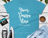 Fall Shirt Mock Up, Autumn Caribbean Blue Anvil 880 Tshirt Mockup, Blank T-Shirt Flat Lay, Unisex Women Youth Shirt Mockup, Men Flat Lay