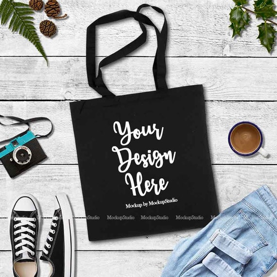 Black Tote Bag Mockup Fall Canvas Tote Flat Lay Black Tote Bag Mockup Fall Canvas Tote Flat Lay
