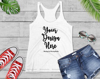 Download Free White Tank Top Mockup Next Level 6733 , Summer Style Tank Mock Up, Digital Blank Tank Top Flat Lay Mockup, Styled Shirt Mockups Display PSD Template
